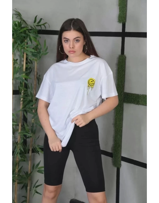 Unisex Bisiklet Yaka Baskılı Oversize T-Shirt - Beyaz