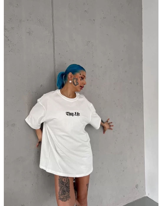 Unisex Bisiklet Yaka Baskılı Oversize T-Shirt - Beyaz