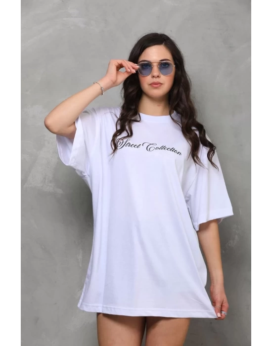 Unisex Bisiklet Yaka Baskılı Oversize T-Shirt - Beyaz