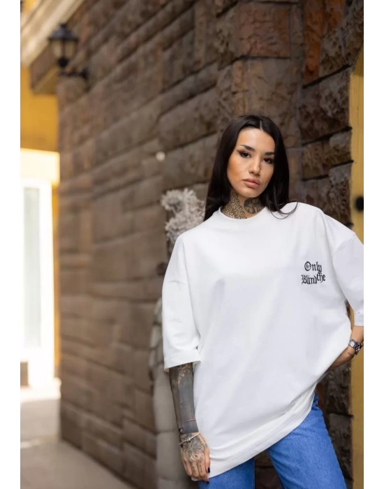 Unisex Bisiklet Yaka Baskılı Oversize T-Shirt - Beyaz