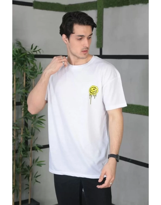 Unisex Bisiklet Yaka Baskılı Oversize T-Shirt - Beyaz