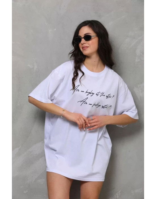 Unisex Bisiklet Yaka Baskılı Oversize T-Shirt - Beyaz