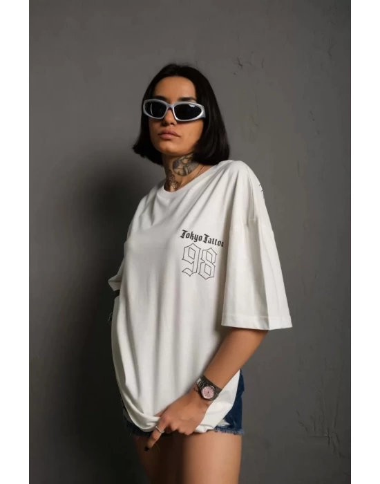 Unisex Bisiklet Yaka Baskılı Oversize T-Shirt - Beyaz