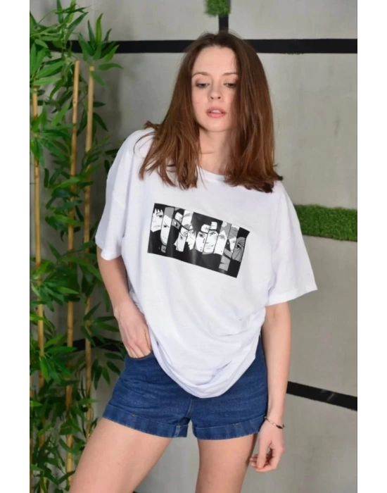 Unisex Bisiklet Yaka Baskılı Oversize T-Shirt - Beyaz