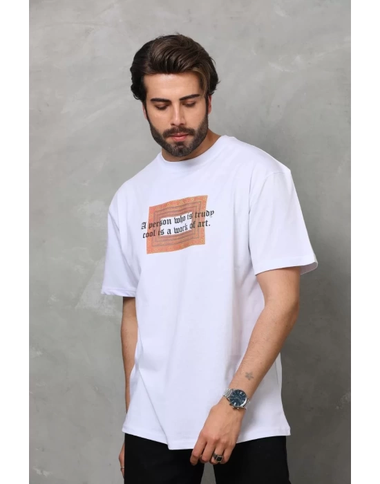 Unisex Bisiklet Yaka Baskılı Oversize T-Shirt - Beyaz