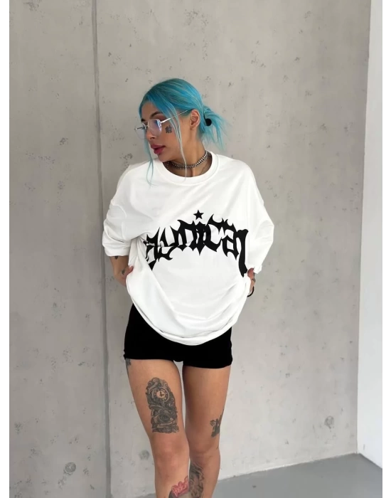 Unisex Bisiklet Yaka Baskılı Oversize T-Shirt - Beyaz