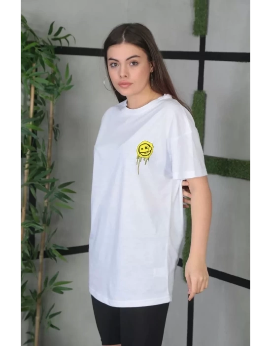 Unisex Bisiklet Yaka Baskılı Oversize T-Shirt - Beyaz