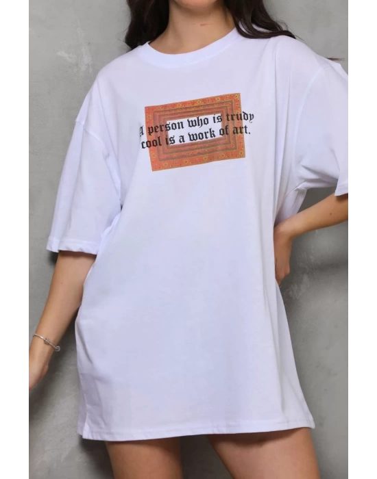 Unisex Bisiklet Yaka Baskılı Oversize T-Shirt - Beyaz