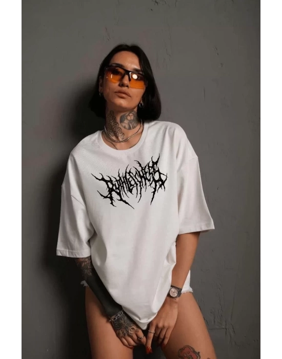 Unisex Bisiklet Yaka Baskılı Oversize T-Shirt - Beyaz