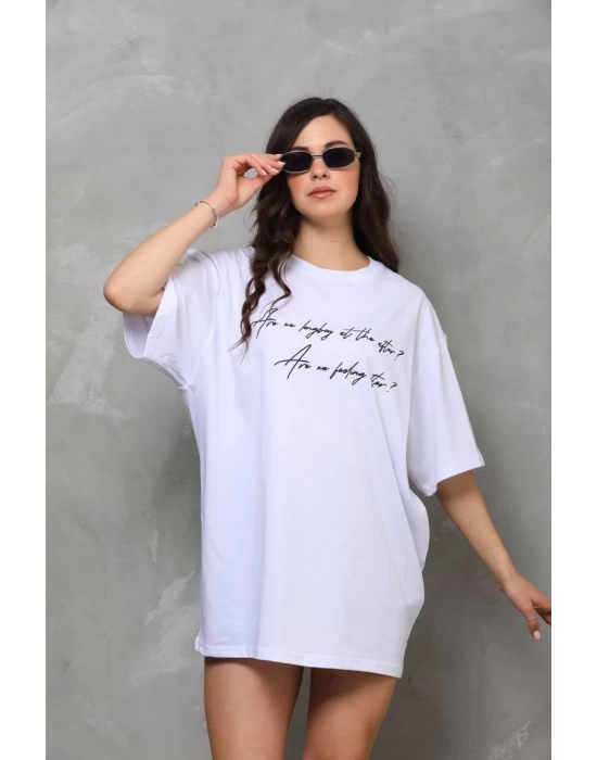 Unisex Bisiklet Yaka Baskılı Oversize T-Shirt - Beyaz