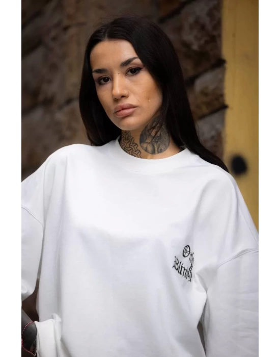 Unisex Bisiklet Yaka Baskılı Oversize T-Shirt - Beyaz