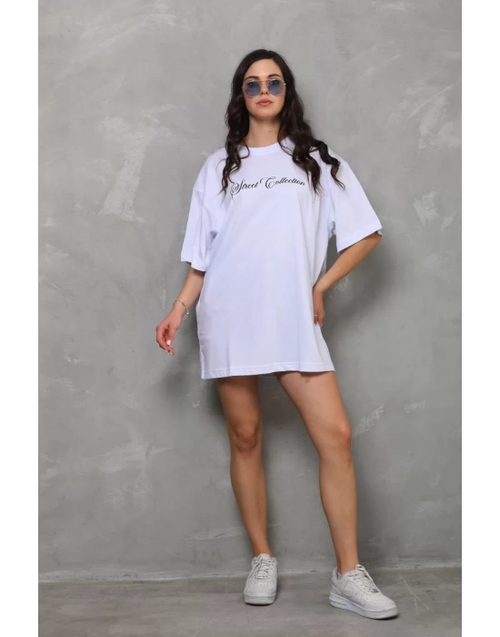 Unisex Bisiklet Yaka Baskılı Oversize T-Shirt - Beyaz