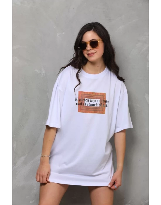 Unisex Bisiklet Yaka Baskılı Oversize T-Shirt - Beyaz