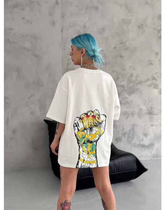 Unisex Bisiklet Yaka Baskılı Oversize T-Shirt - Beyaz