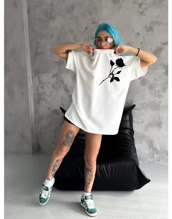 Unisex Bisiklet Yaka Baskılı Oversize T-Shirt - Beyaz