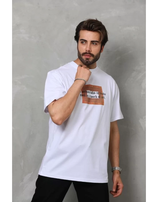 Unisex Bisiklet Yaka Baskılı Oversize T-Shirt - Beyaz