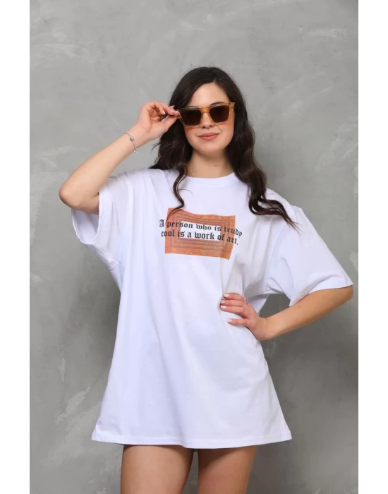 Unisex Bisiklet Yaka Baskılı Oversize T-Shirt - Beyaz