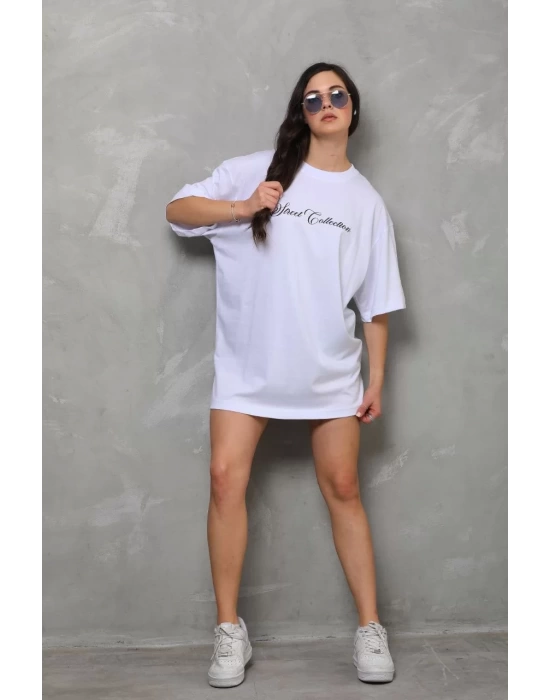 Unisex Bisiklet Yaka Baskılı Oversize T-Shirt - Beyaz