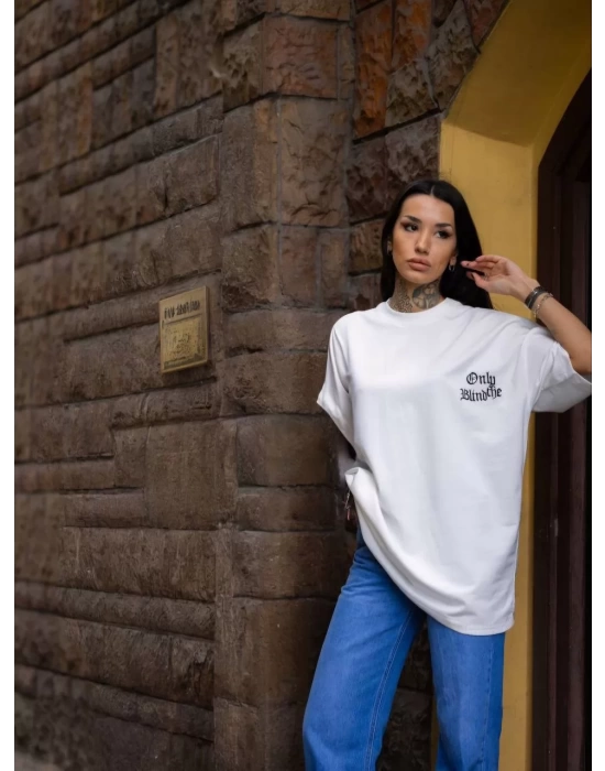 Unisex Bisiklet Yaka Baskılı Oversize T-Shirt - Beyaz