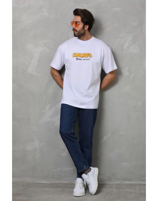 Unisex Bisiklet Yaka Baskılı Oversize T-Shirt - Beyaz