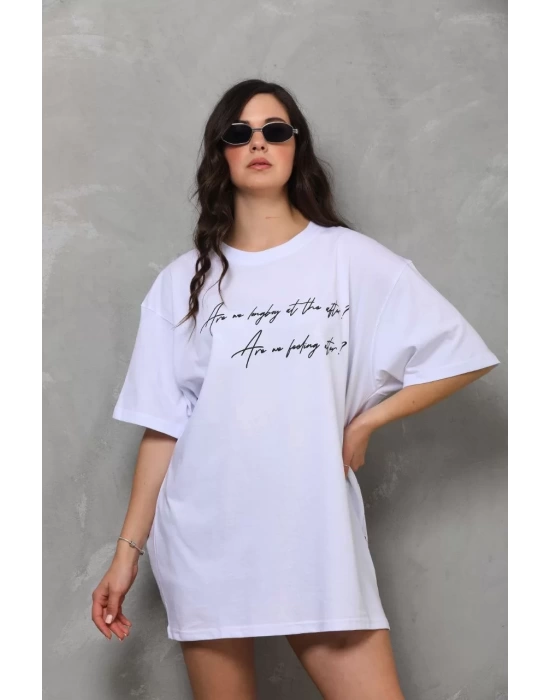 Unisex Bisiklet Yaka Baskılı Oversize T-Shirt - Beyaz