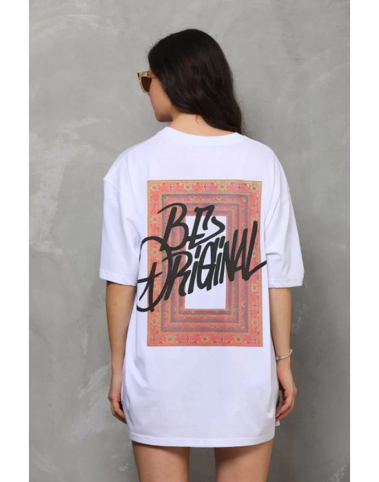 Unisex Bisiklet Yaka Baskılı Oversize T-Shirt - Beyaz