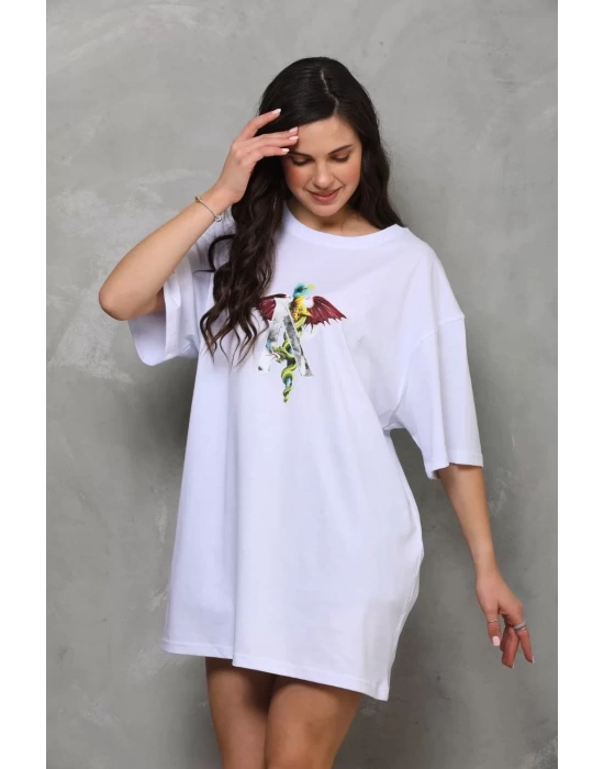 Unisex Bisiklet Yaka Baskılı Oversize T-Shirt - Beyaz