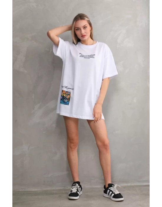 Unisex Bisiklet Yaka Baskılı Oversize T-Shirt - Beyaz