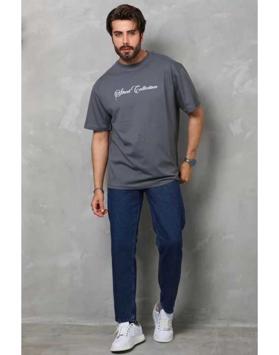 Unisex Bisiklet Yaka Baskılı Oversize T-Shirt - Füme