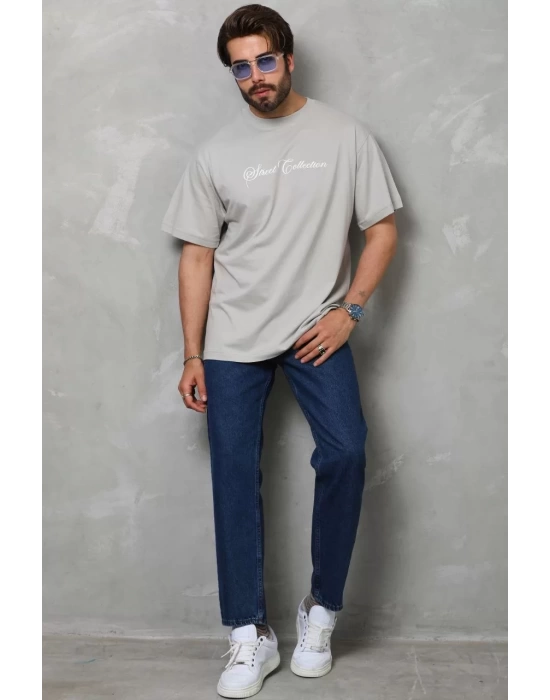 Unisex Bisiklet Yaka Baskılı Oversize T-Shirt - Gri