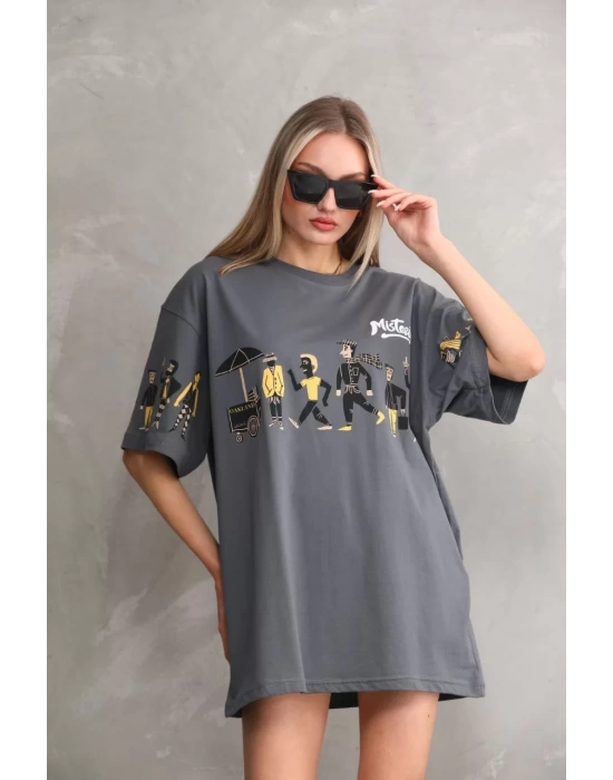 Unisex Bisiklet Yaka Baskılı Oversize T-Shirt - Gri