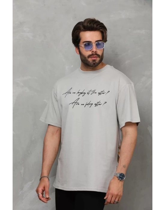 Unisex Bisiklet Yaka Baskılı Oversize T-Shirt - Gri