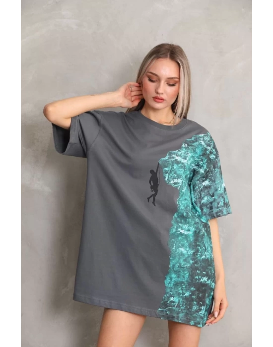 Unisex Bisiklet Yaka Baskılı Oversize T-Shirt - Gri