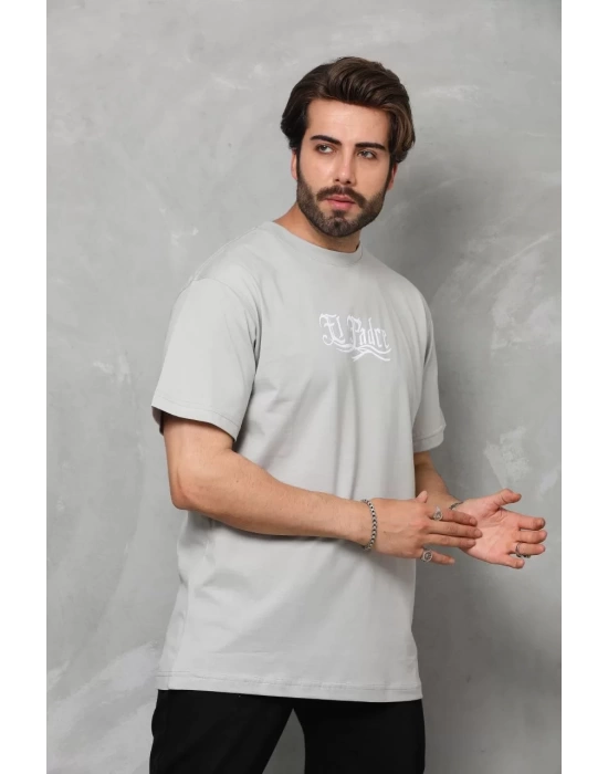 Unisex Bisiklet Yaka Baskılı Oversize T-Shirt - Gri