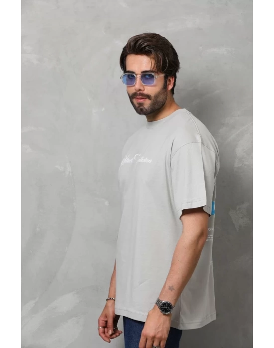 Unisex Bisiklet Yaka Baskılı Oversize T-Shirt - Gri