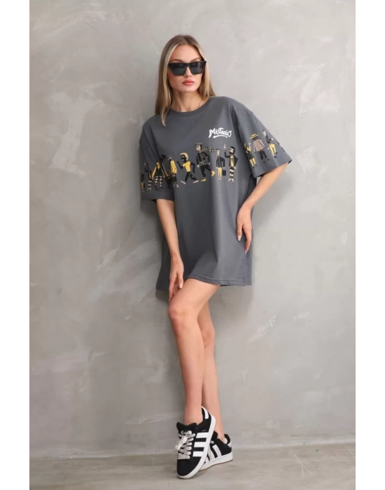 Unisex Bisiklet Yaka Baskılı Oversize T-Shirt - Gri