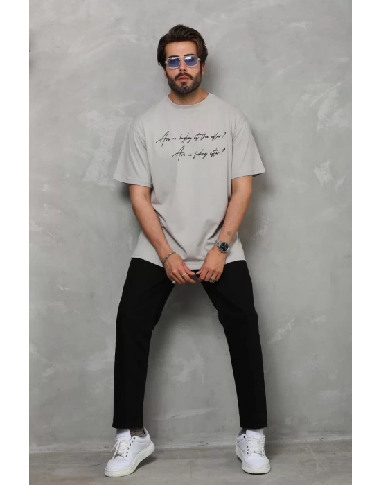 Unisex Bisiklet Yaka Baskılı Oversize T-Shirt - Gri