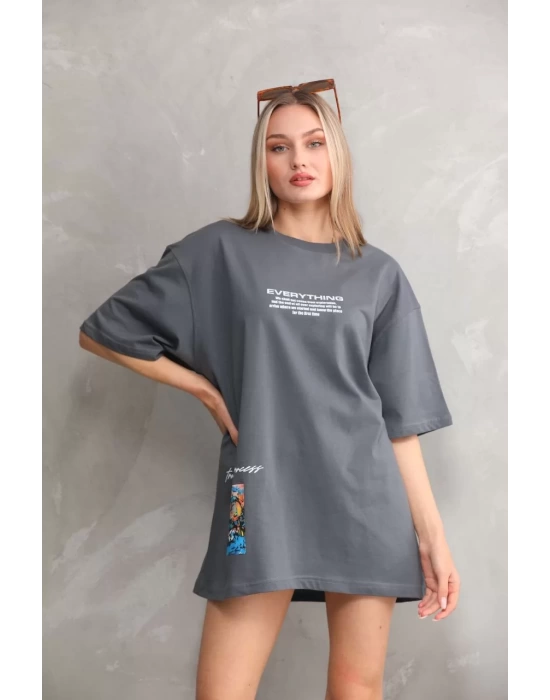 Unisex Bisiklet Yaka Baskılı Oversize T-Shirt - Gri