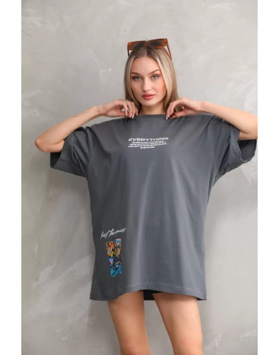 Unisex Bisiklet Yaka Baskılı Oversize T-Shirt - Gri