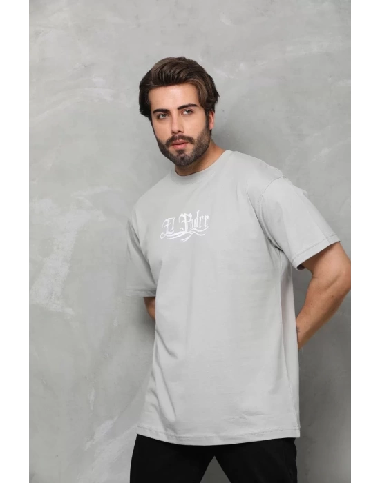 Unisex Bisiklet Yaka Baskılı Oversize T-Shirt - Gri