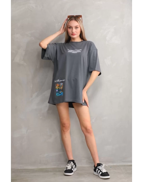 Unisex Bisiklet Yaka Baskılı Oversize T-Shirt - Gri