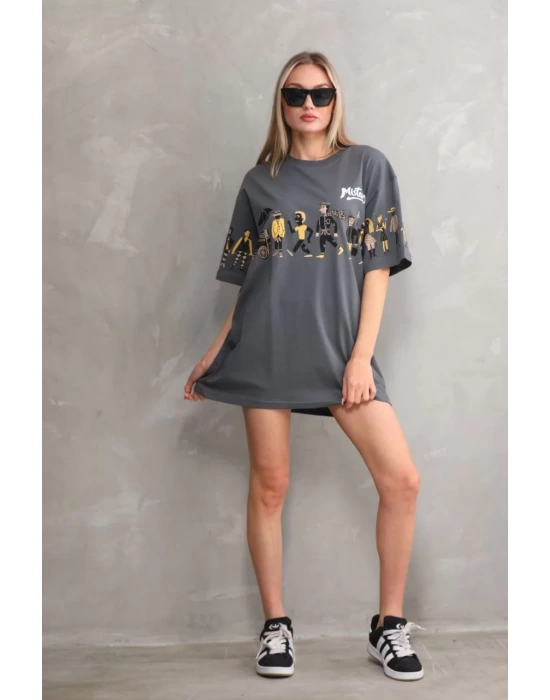 Unisex Bisiklet Yaka Baskılı Oversize T-Shirt - Gri