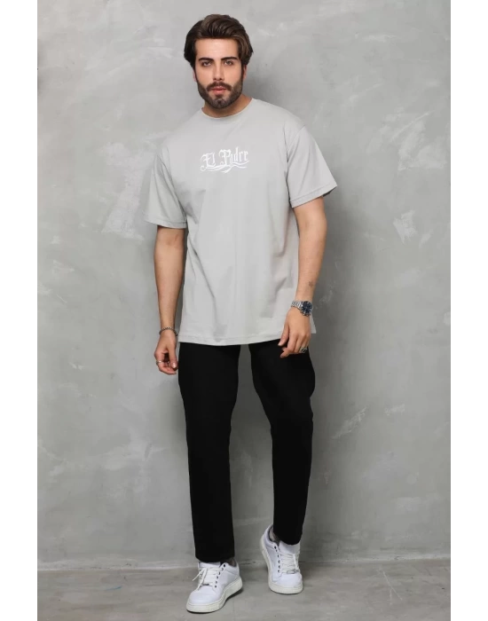 Unisex Bisiklet Yaka Baskılı Oversize T-Shirt - Gri