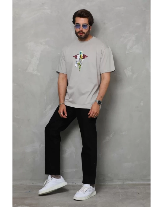 Unisex Bisiklet Yaka Baskılı Oversize T-Shirt - Gri