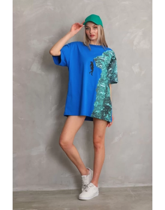 Unisex Bisiklet Yaka Baskılı Oversize T-Shirt - Mavi