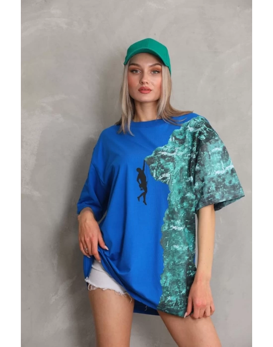 Unisex Bisiklet Yaka Baskılı Oversize T-Shirt - Mavi