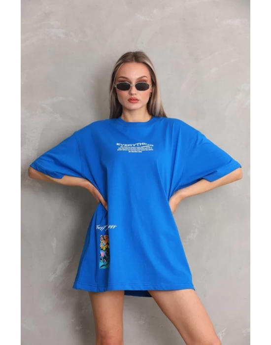 Unisex Bisiklet Yaka Baskılı Oversize T-Shirt - Mavi