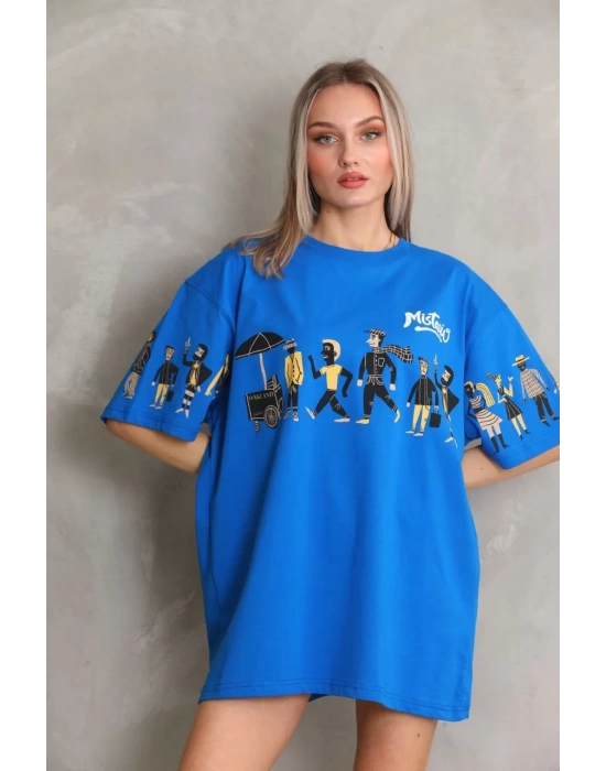 Unisex Bisiklet Yaka Baskılı Oversize T-Shirt - Mavi