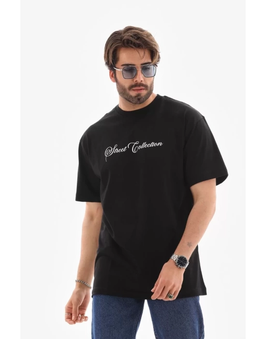 Unisex Bisiklet Yaka Baskılı Oversize T-Shirt - Siyah