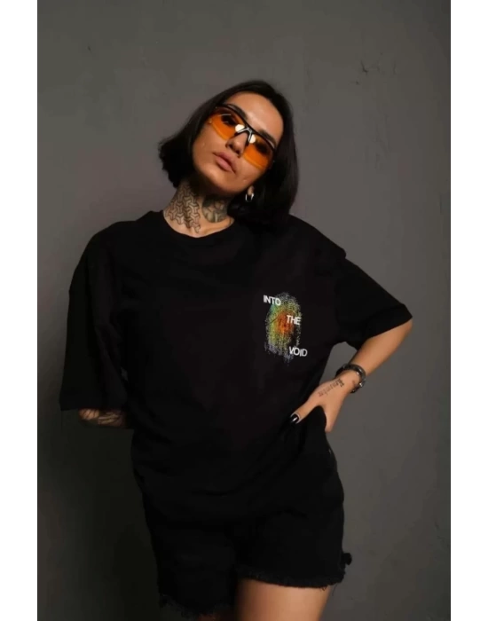 Unisex Bisiklet Yaka Baskılı Oversize T-Shirt - Siyah